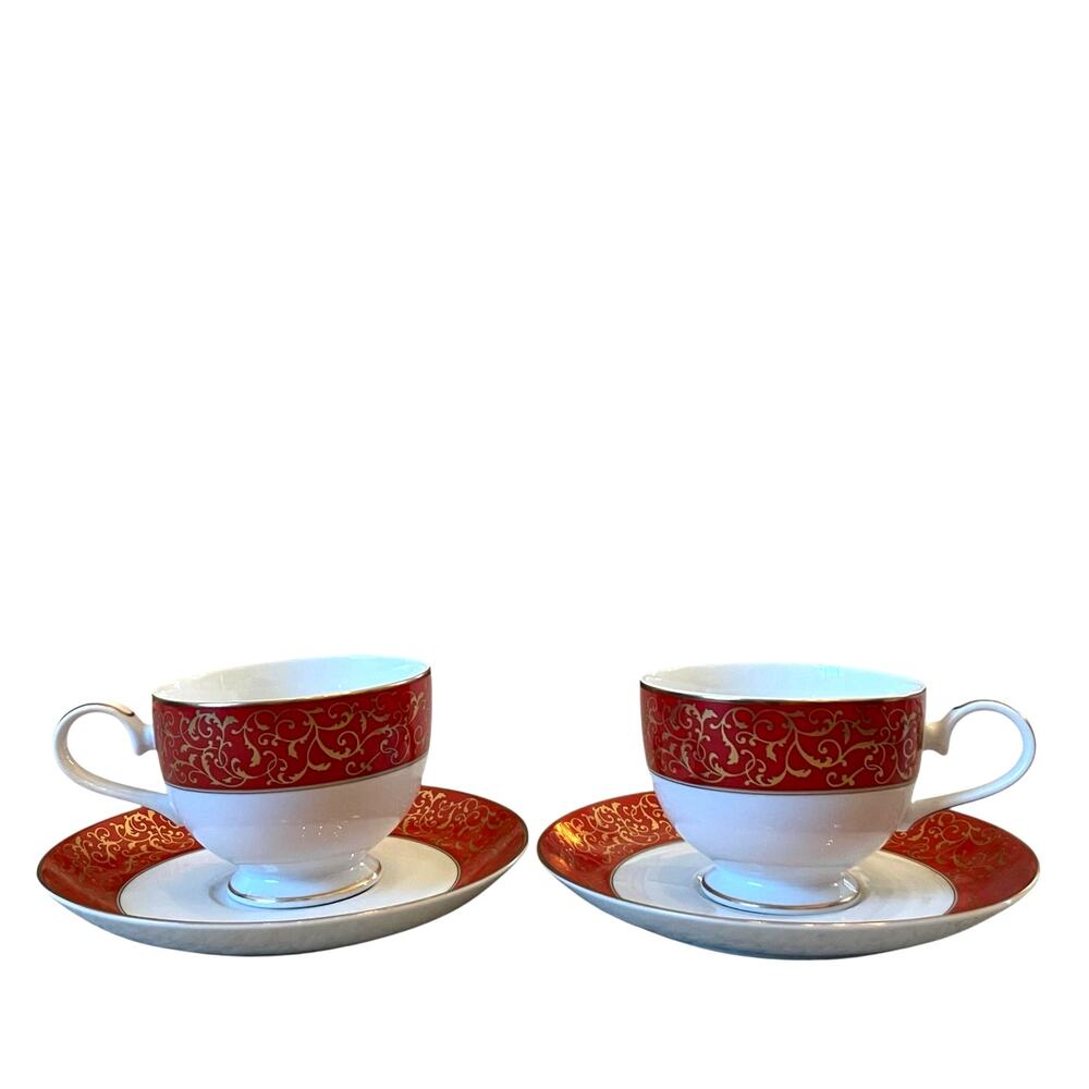 Mikasa Parchment Red Teacup & Saucer Set of 2 Fine Porcelain Gold Scroll NEW